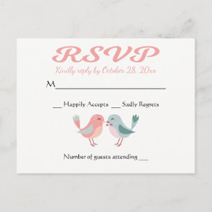 Invitation Carte Postale RSVP Pink & Blue Lovebirds Wedding Party