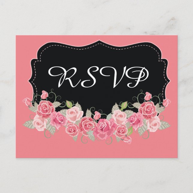 Invitation Carte Postale RSVP rose et noir (Devant)