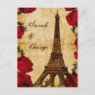 Invitation Carte Postale rsvp vintage rouge de mariage de Paris de Tour