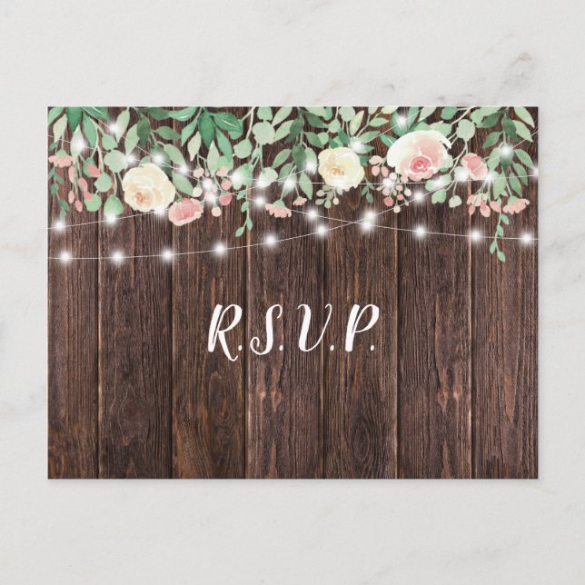 Invitation Carte Postale Russe Bois Blush Floral Lights mariage rsvp (Devant)