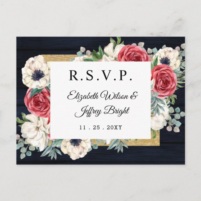 Invitation Carte Postale Russe Bois Marine Bourgogne Or Floral RSVP (Devant)