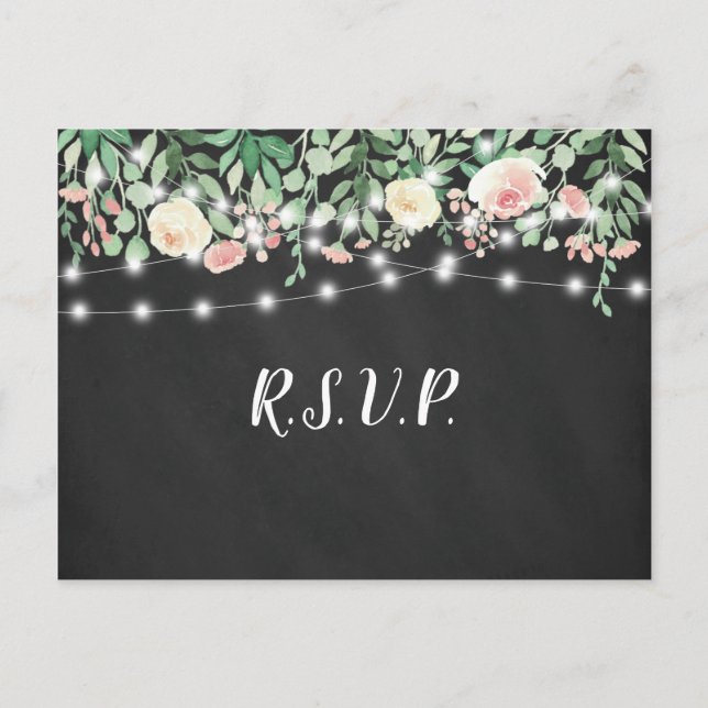 Invitation Carte Postale Russe Chalkboard Blush Floral Lights mariage rsvp (Devant)