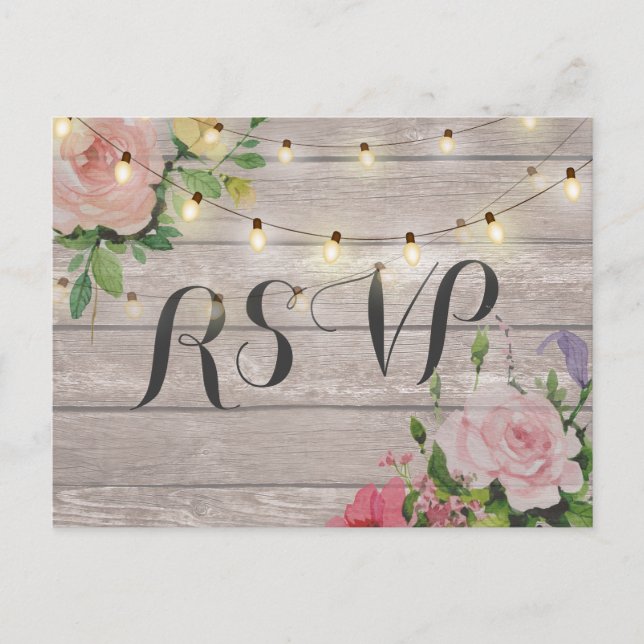 Invitation Carte Postale Russe Mariage Floral Bois Chaîne Lumière RSVP Répo (Devant)