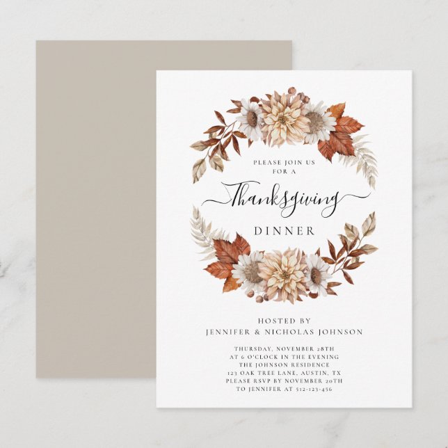 Invitation Carte Postale Russe Taupe Fall quitte Thanksgiving Dîner (Devant / Derrière)