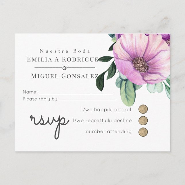 Invitation Carte Postale Russe violet RSVP Nuestra Boda Mariage espagnol (Devant)