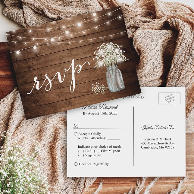 Invitation Carte Postale Rustic Baby's Breath Mason Jar String lumières RSV (The postcard offers plenty of space for your guests to RSVP and indicate their meal preferences.)