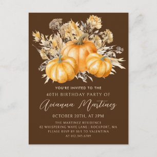 Invitation Carte Postale Rustic Boho Citrouille Automne 40e fête d'annivers