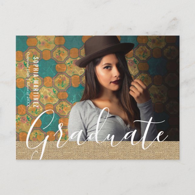 Invitation Carte Postale Rustic Burlap Photo Graduation (Devant)
