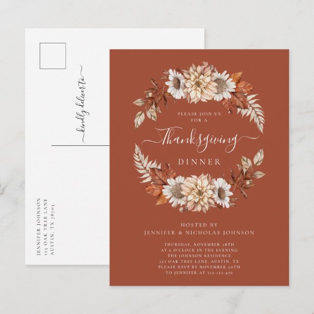 Invitation Carte Postale Rustic Fall Floral Feuilles Thanksgiving Dîner (Devant / Derrière)