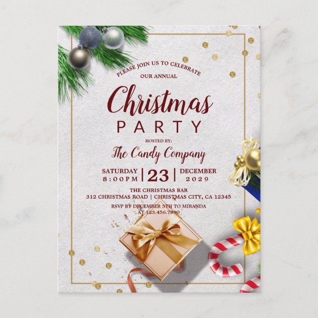Invitation Carte Postale Rustic Gold Cadeau & Bonbons Noël Ivitation fête (Devant)