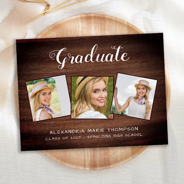 Invitation Carte Postale Rustic Graduate Custom 3 Photo Wood Graduation (Créateur téléchargé)