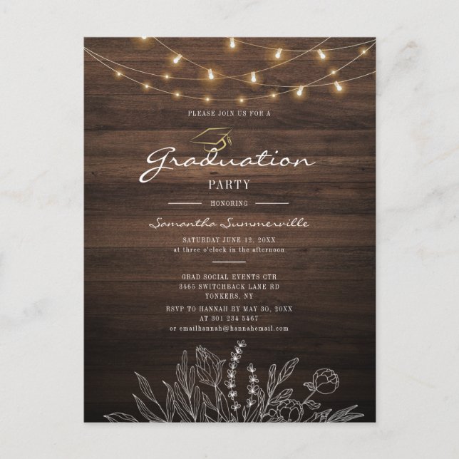 Invitation Carte Postale Rustic Graduation Party 2022 String Lights (Devant)
