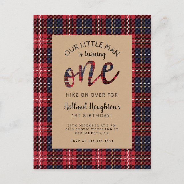 Invitation Carte Postale Rustic Plaid Petit Homme Lumberjack 1er anniversai (Devant)