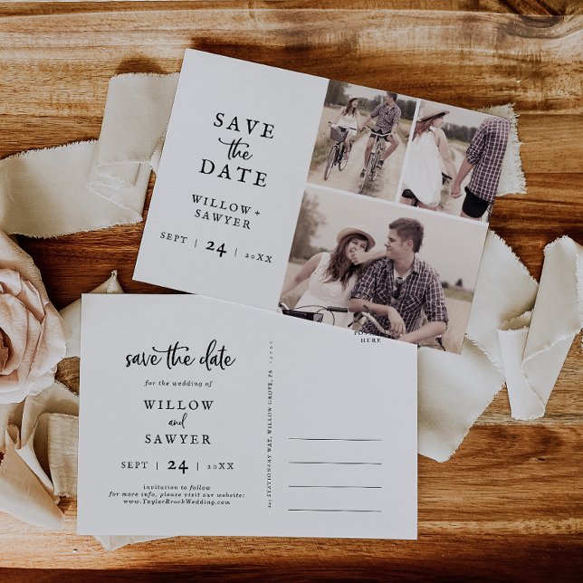 Invitation Carte Postale Rustic Script 3 Photo Collage Enregistrer la date (Créateur téléchargé)