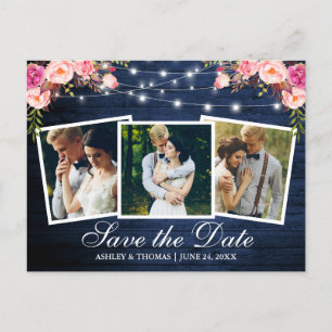 Invitation Carte Postale Rustique Bleu Bois Rose Floral 3 Photo Enregistrer