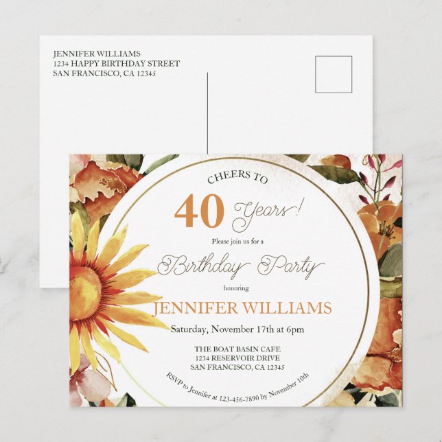 Invitation Carte Postale Rustique Boho Automne tournesol 40e fête d'anniver (Devant / Derrière)