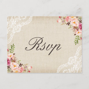 Invitation Carte Postale Rustique Burlap dentelle florale mariage RSVP