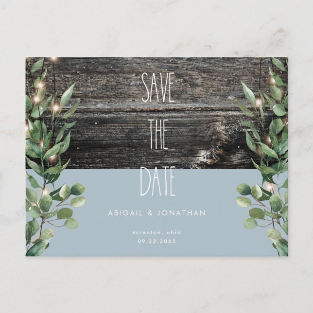 Invitation Carte Postale Rustique Icy Blue Foliage Mariage Enregistrer la d (Devant)