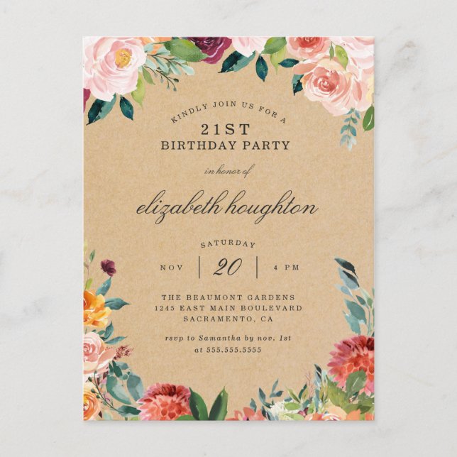 Invitation Carte Postale Rustique Kraft Bourgogne Blush Floral fête d'anniv (Devant)