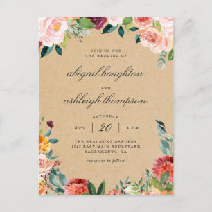 Invitation Carte Postale Rustique Kraft Bourgogne Blush Mariage rose floral