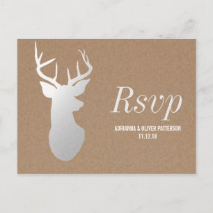 Invitation Carte Postale Rustique Kraft Papier Argent Antler Mariage RSVP