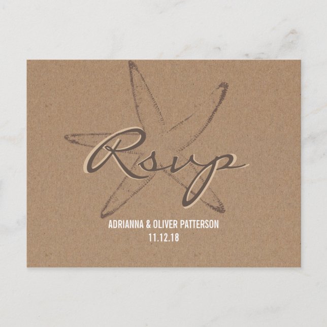Invitation Carte Postale Rustique Kraft Papier Starfish Mariage nautique RS (Devant)