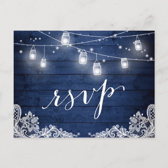 Invitation Carte Postale Rustique Minuit Bleu Mason Jar Éclairage Mariage R (Devant)