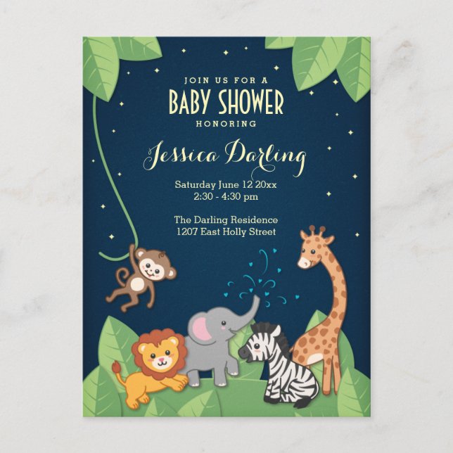 Invitation Carte Postale Safari Jungle Animaux Adorable Baby shower (Devant)