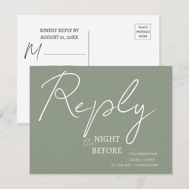 Invitation Carte Postale Sage De Script Minimaliste Greenla nuit avant RSVP (Devant / Derrière)