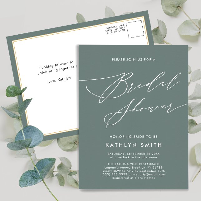 Invitation Carte Postale Sage Green Botanical Elegant Script Fête des marié (Créateur téléchargé)