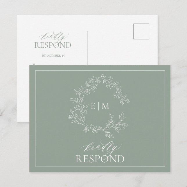 Invitation Carte Postale Sage Green Crest Monogramme Mariage RSVP (Devant / Derrière)