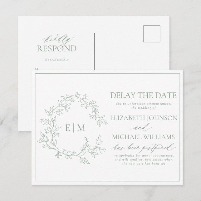 Invitation Carte Postale Sage Green Crest Monogramme Retard La Date (Devant / Derrière)