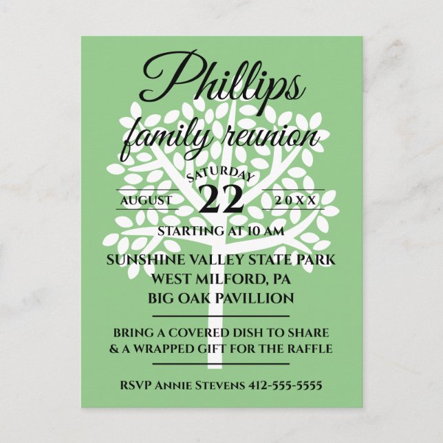 Invitation Carte Postale Sage Green Famille Réunion Arbre Blanc Silhouette (Devant)