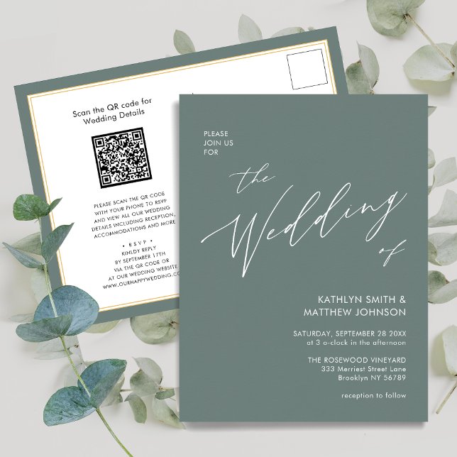 Invitation Carte Postale Sage Green QR Code Tout en un Mariage moderne (Créateur téléchargé)