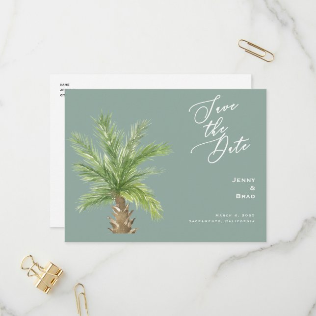 Invitation Carte Postale Sage moderne Tropical Foliage Mariage Enregistrer  (Devant/Arrière en situation)