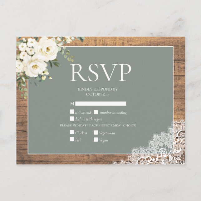 Invitation Carte Postale Sage Vert Blanc Floral Dentelle Bois Mariage RSVP (Devant)