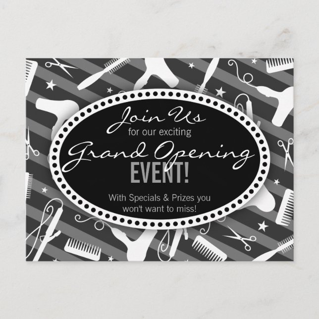 Invitation Carte Postale Salon des cheveux noir blanc et gris Grand ouvertu (Devant)