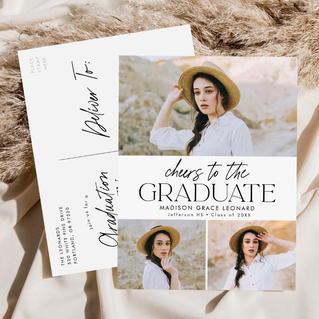 Invitation Carte Postale Salutations au Grad Script 3 Photo Graduation Part (Créateur téléchargé)