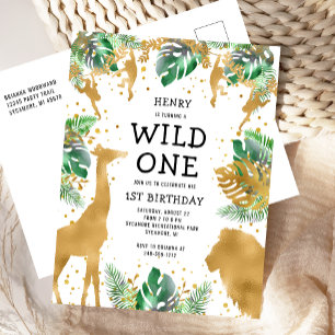 Invitation Carte Postale Sauvage Unique Safari Jungle 1er Anniversaire Or V