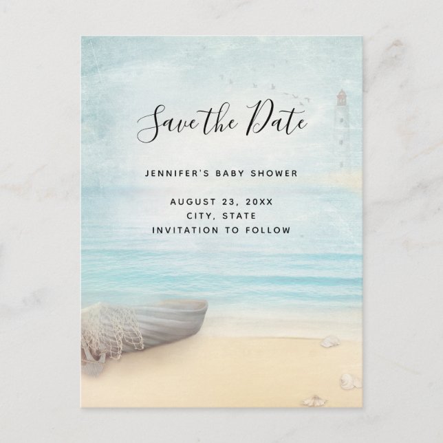 Invitation Carte Postale Scène de plage côtière Économisez la date (Devant)