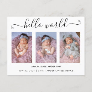 Invitation Carte Postale Script Calligraphie 3 Photo Hello World Birth