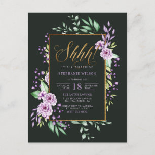 Invitation Carte Postale Script Chic Purple Floral Surprise fête d'annivers