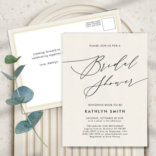 Invitation Carte Postale Script élégant crème Fête des mariées simple moder (Créateur téléchargé)