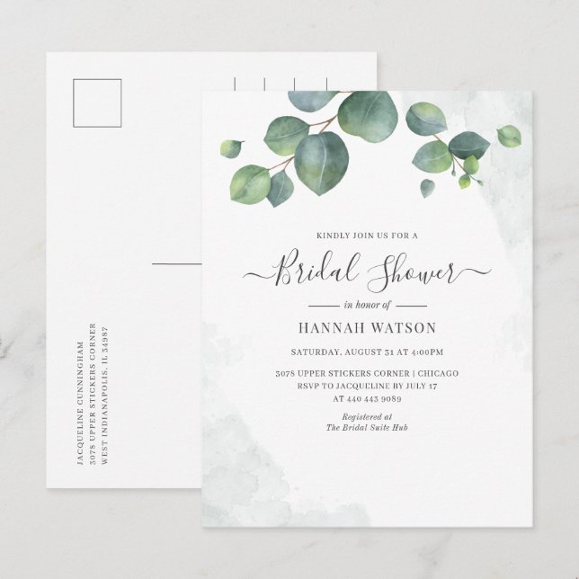 Invitation Carte Postale Script floral Eucalyptus Fête des mariées verte (Devant / Derrière)