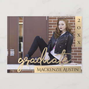 Invitation Carte Postale Script Gold   Elegant Graduation Photo