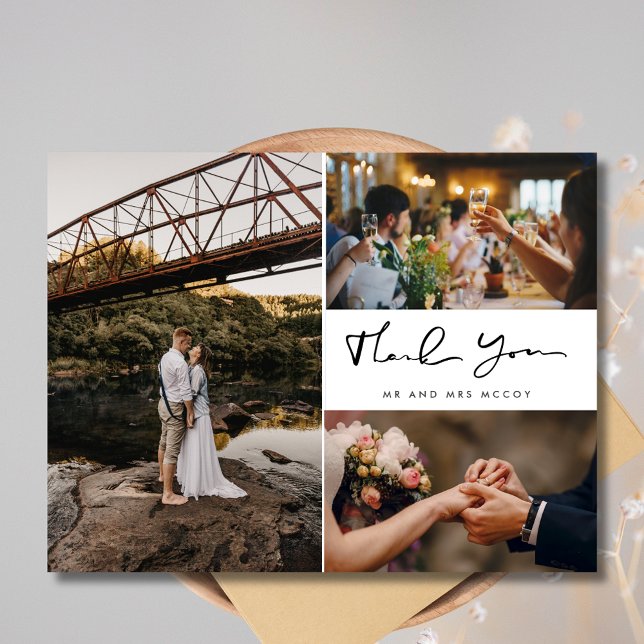 Invitation Carte Postale Script moderne Photo Collage Mariage Merci (Modern Script Photo Collage Wedding Thank You Postcard)