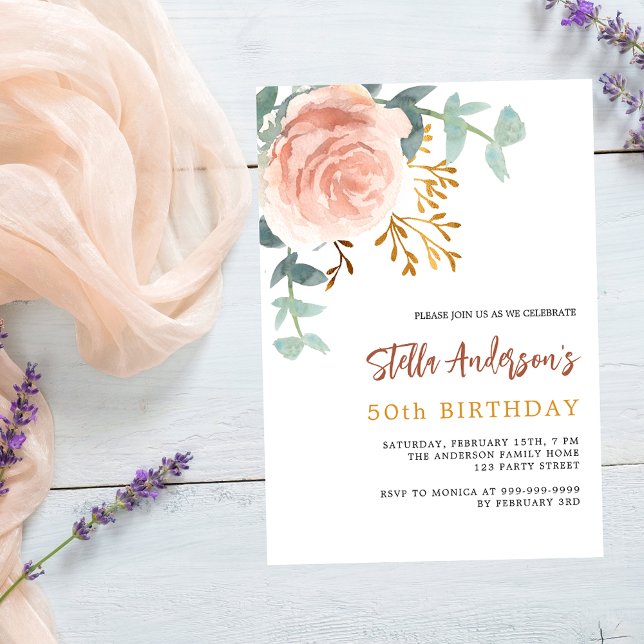 Invitation Carte Postale Script rose or fleuri de la verdure d'anniversaire (Créateur téléchargé)