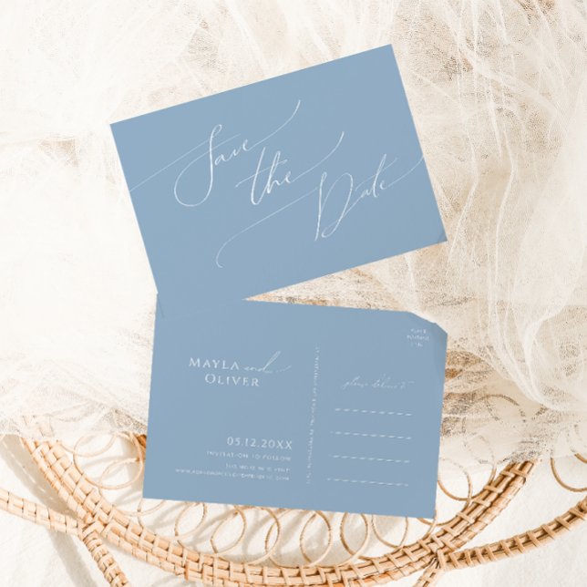 Invitation Carte Postale Script Whimsical | Dusty Blue Enregistrer La Date (Créateur téléchargé)