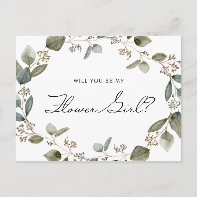 Invitation Carte Postale Semis Eucalyptus Wreath Be My Flower Girl (Devant)