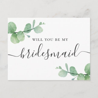 Invitation Carte Postale Seras-tu ma demoiselle d'honneur. Eucalyptus aquar